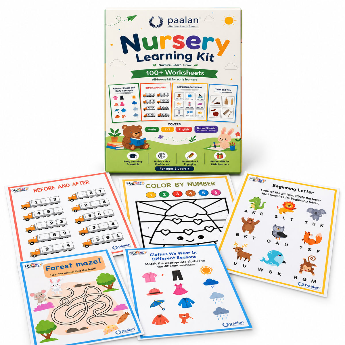 Nursery Learning Kit | For Kids of 3+ Years | 100+ Educational Worksheets | Maths, English, EVS & Bonus